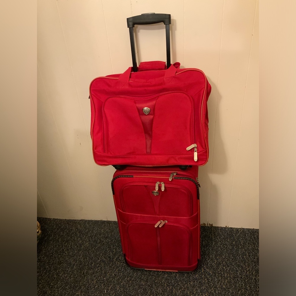 Red Rolling Travel Luggage Set - Compact Carry-On and Upright Suitcase
